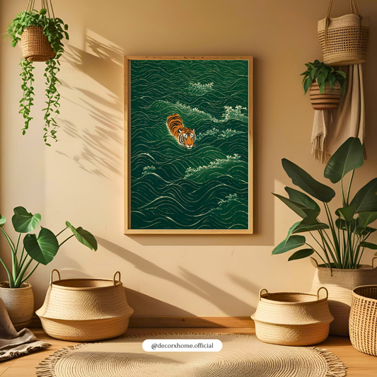 Tiger in Emerald Waves – Minimal Ocean Aesthetic Wall Art Poster | DecorxHome