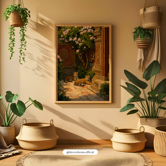 Royal Tigers in Palace Garden – Premium Aesthetic Wall Art Poster | DecorxHome