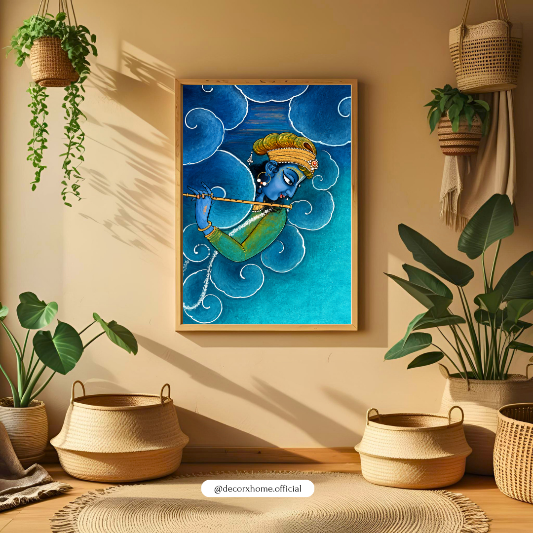 Divine Krishna Playing Flute Wall Art | Blue Krishna Poster & Framed Artwork