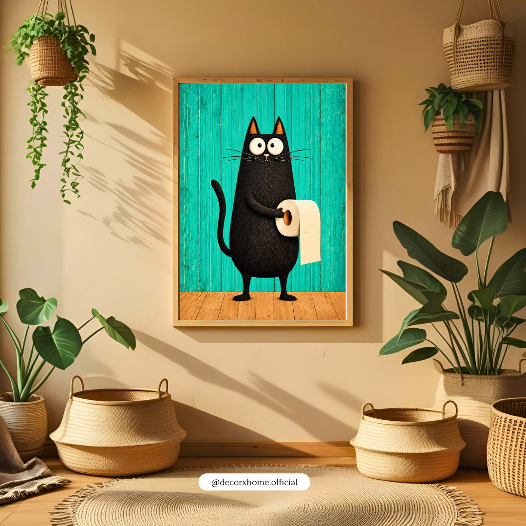 Funny Black Cat Toilet Paper Poster | Cute Bathroom Wall Art | Quirky Cat Decor | Decorxhome