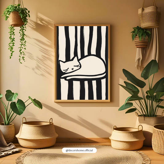 Minimal Sleeping Cat Wall Art Poster – Black & White Abstract Line Art Print | Cute Aesthetic Pet Decor for Bedroom & Living Room | Decorxhome