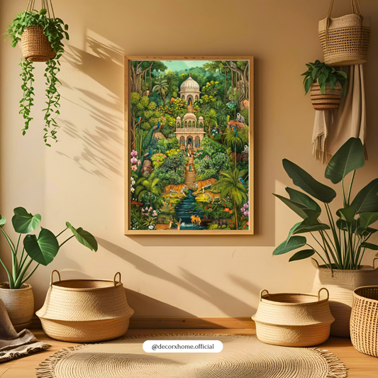 Royal Jungle Palace Wall Art – Indian Wildlife & Heritage Botanical Poster | Decorxhome