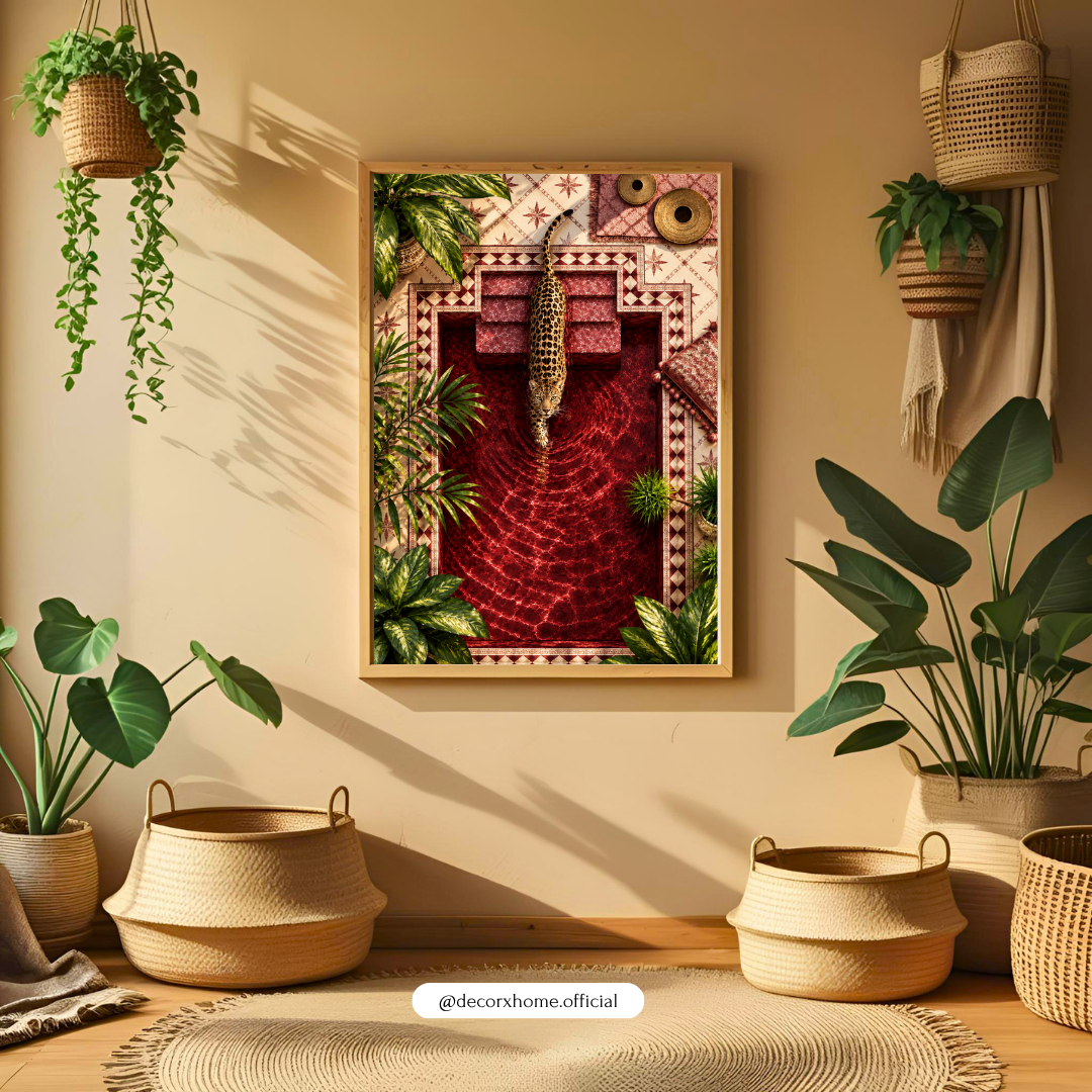 Leopard Pool Reflection Poster | Tropical Wildlife Wall Art | Luxury Nature Decor | Decorxhome