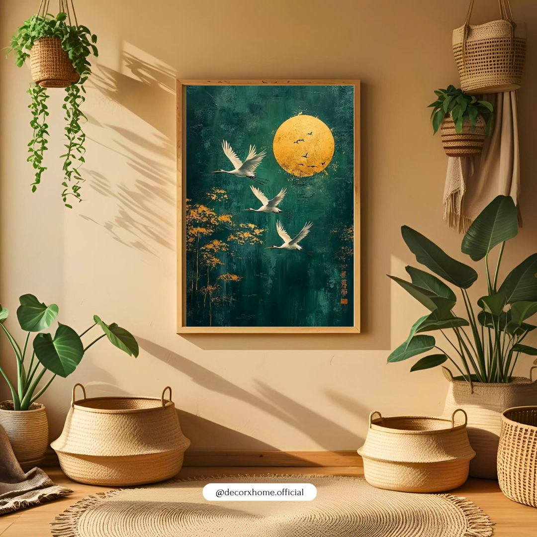 Golden Moon & Flying Cranes Wall Art | Japanese-Inspired Nature Poster | Elegant Minimal Decor | Decorxhome
