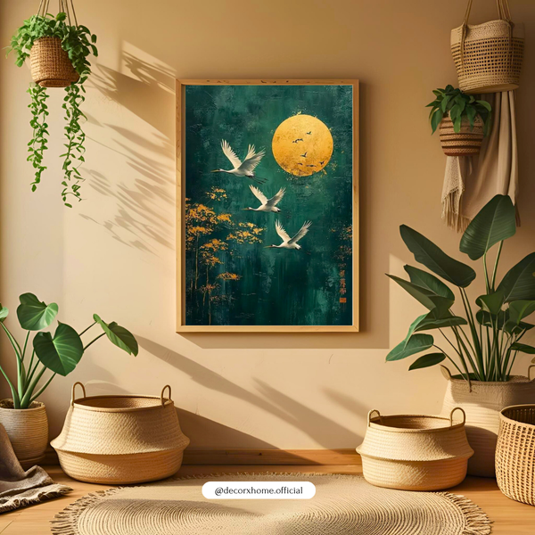 Golden Moon & Flying Cranes Wall Art | Japanese-Inspired Nature Poster | Elegant Minimal Decor | Decorxhome