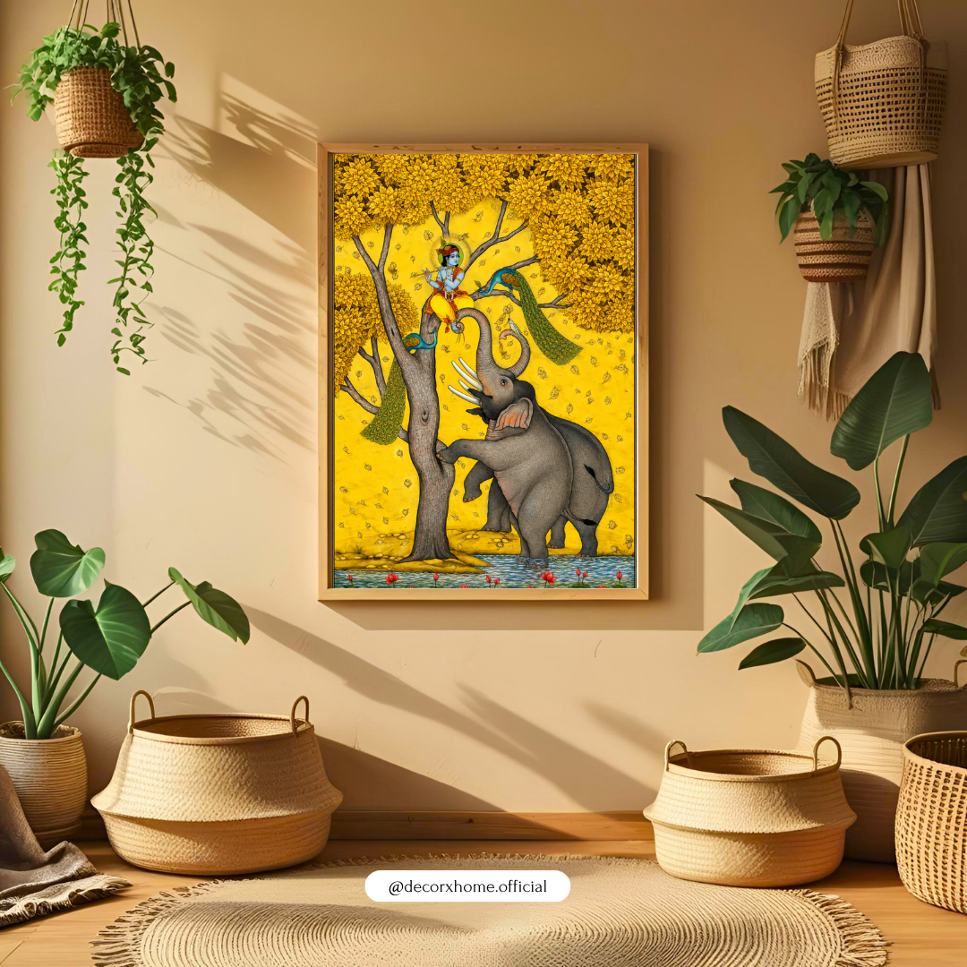 Krishna and the Elephant Poster | Traditional Indian Mythology Wall Art by DecorxHome
