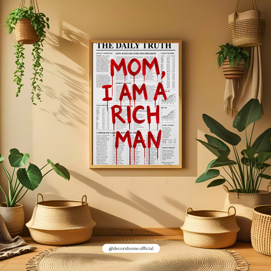 "Mom, I Am Rich Man" Newspaper Poster | Bold Typography Wall Art | Modern Statement Decor by DecorxHome