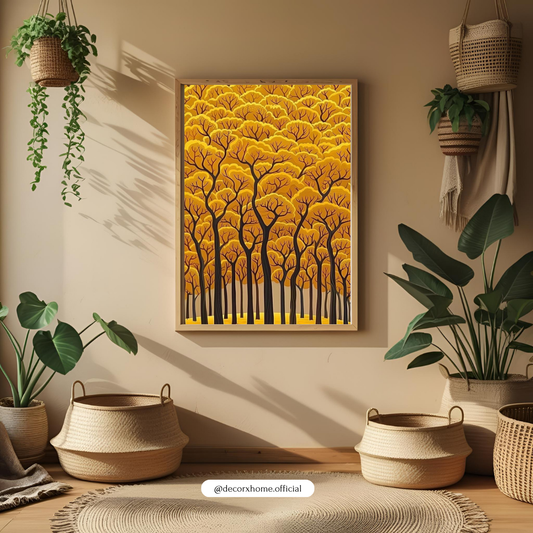 Golden Autumn Forest Wall Art Poster – Modern Nature Landscape Illustration | Decorxhome