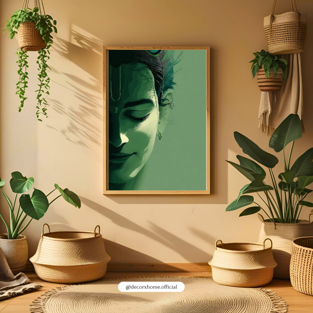 Serene Krishna Minimal Wall Art Poster – Spiritual Green Aesthetic Painting | Decorxhome