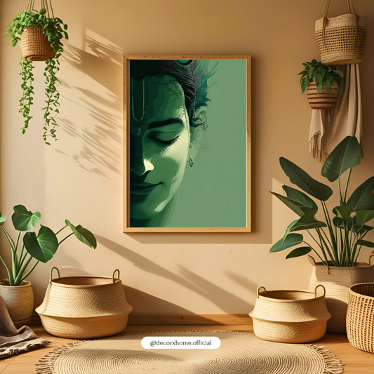 Serene Krishna Minimal Wall Art Poster – Spiritual Green Aesthetic Painting | Decorxhome