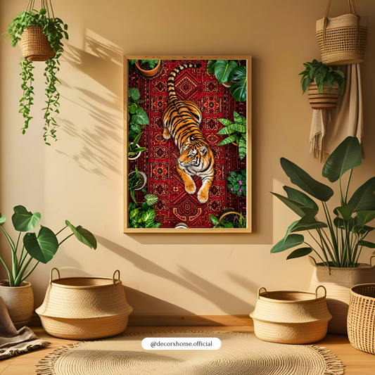 Wild Tiger Botanical Poster – Vintage Rug Aesthetic Wall Art | Decorxhome