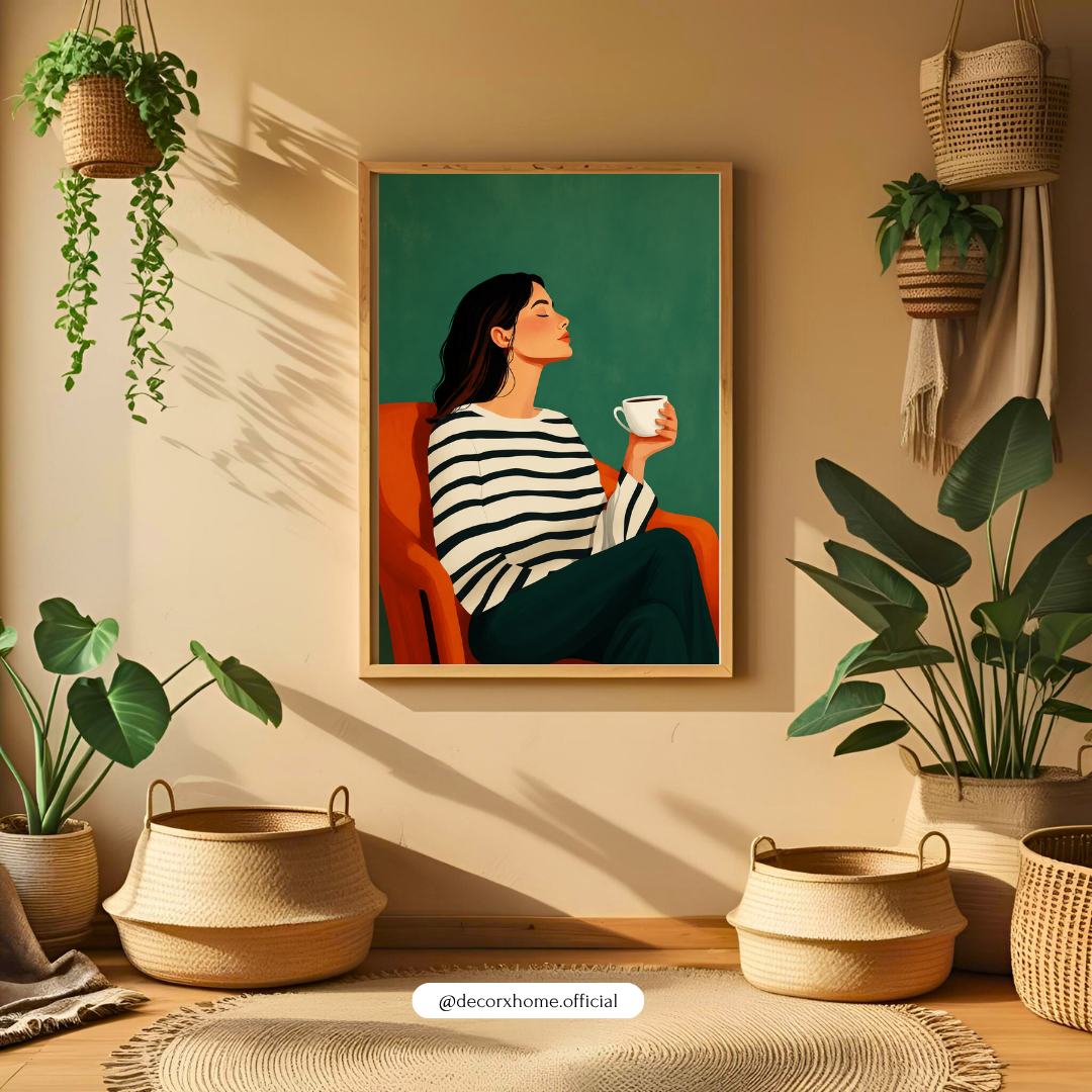 Morning Coffee Bliss – Modern Minimal Woman Portrait Wall Art Poster | DecorxHome