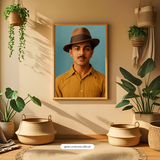 Vintage Bhagat Singh Portrait Wall Art – Classic Retro Style Poster with Hat | Minimal Aesthetic Decor for Living Room, Bedroom & Studio | Decorxhome