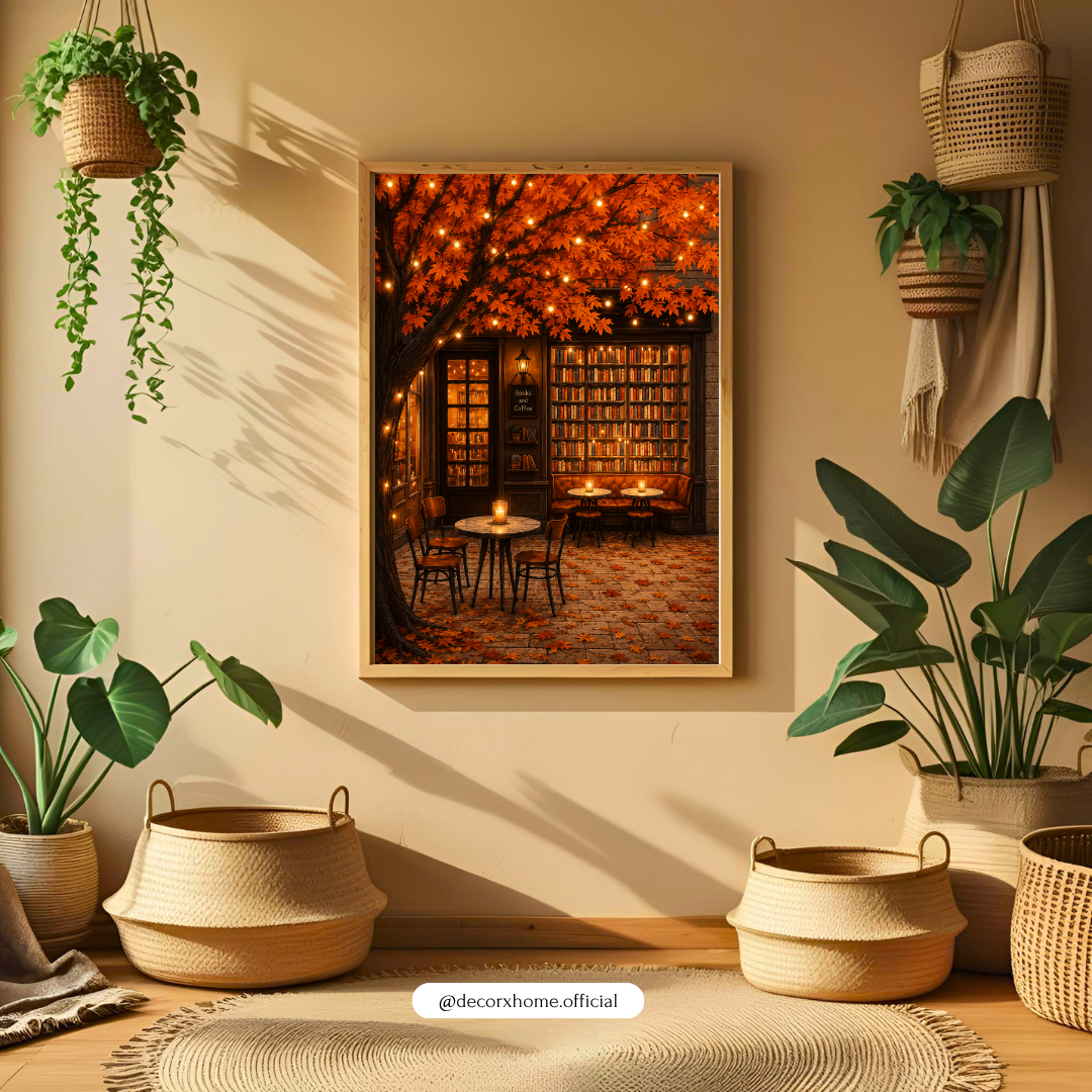 Autumn Book Café Poster – Cozy Literary Retreat Wall Art