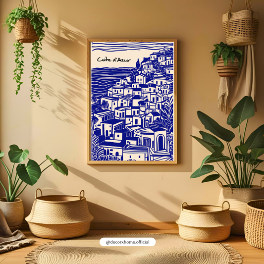 DecorexHome Côte d’Azur Coastal Village Poster | Blue & White Mediterranean Wall Art | Minimal European Travel Artwork | Modern Aesthetic Print