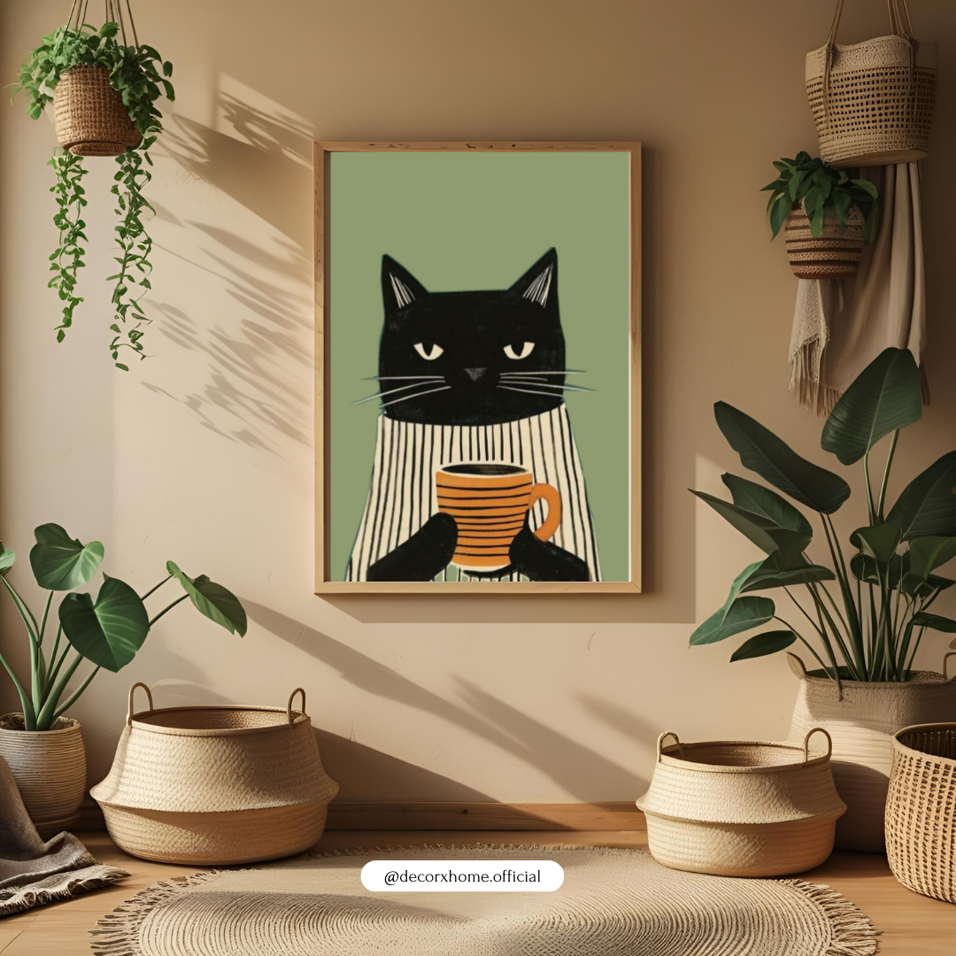 Coffee Lover Cat – Cute Minimal Illustration Wall Poster by Decorxhome