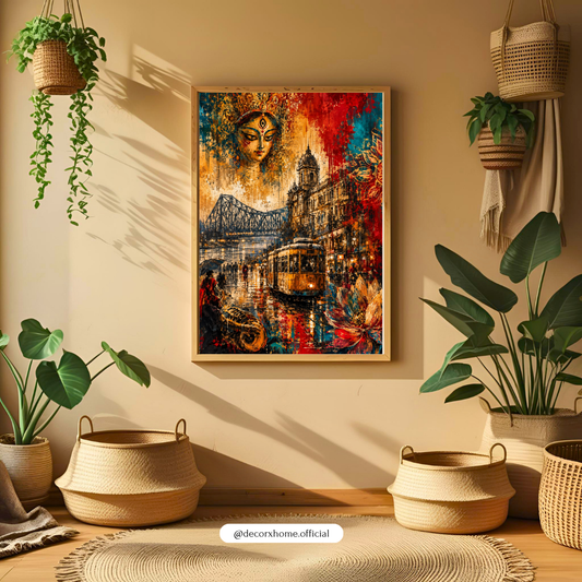 Kolkata Heritage Wall Art Poster | Maa Durga, Howrah Bridge & Vintage Tram – Decorxhome