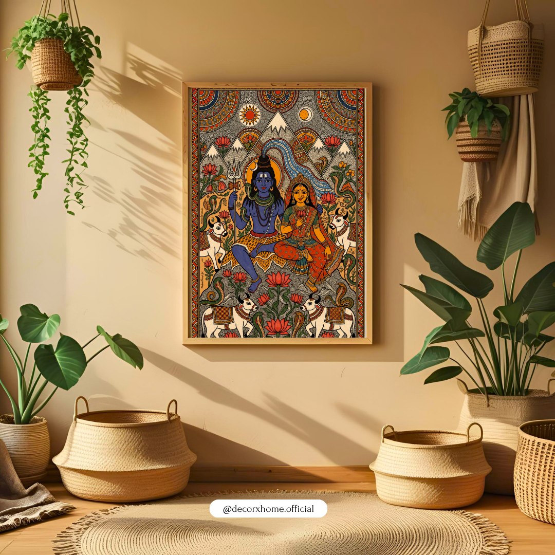 Lord Shiva & Parvati Madhubani Art Poster | Traditional Indian Spiritual Wall Decor | Mahadev & Devi Artwork | Decorexhome
