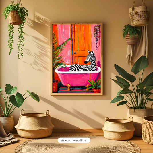 Colorful Zebra Bathtub Poster | Whimsical Animal Bathroom Wall Art | Modern Pop Art Print | Decorexhome