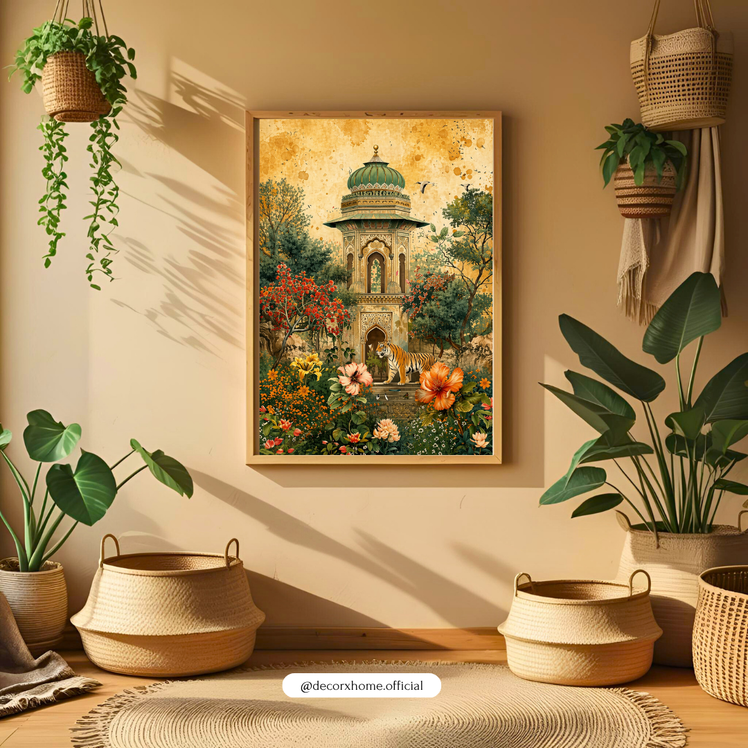 Royal Garden Pavilion with Tiger – Vintage Palace Floral Wall Art Poster | DecorxHome