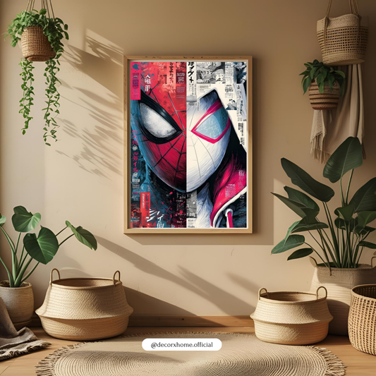 Spiderman & Spider Gwen Dual Masked Hero Art Poster – Vibrant Split Comic-Style Wall Decor