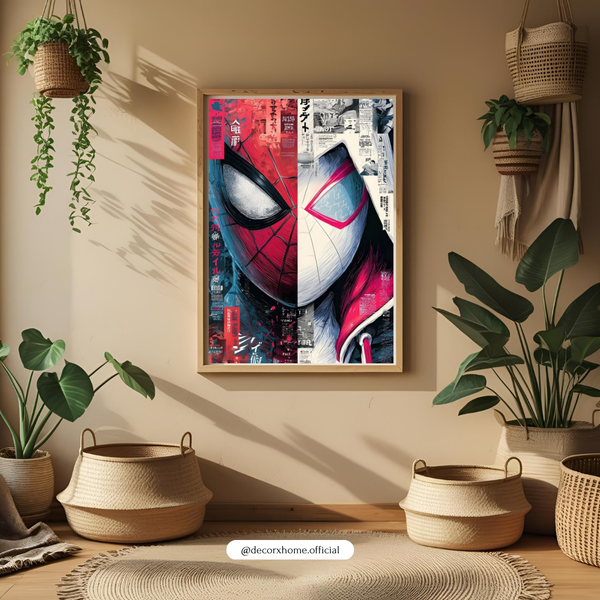 Spiderman & Spider Gwen Dual Masked Hero Art Poster – Vibrant Split Comic-Style Wall Decor