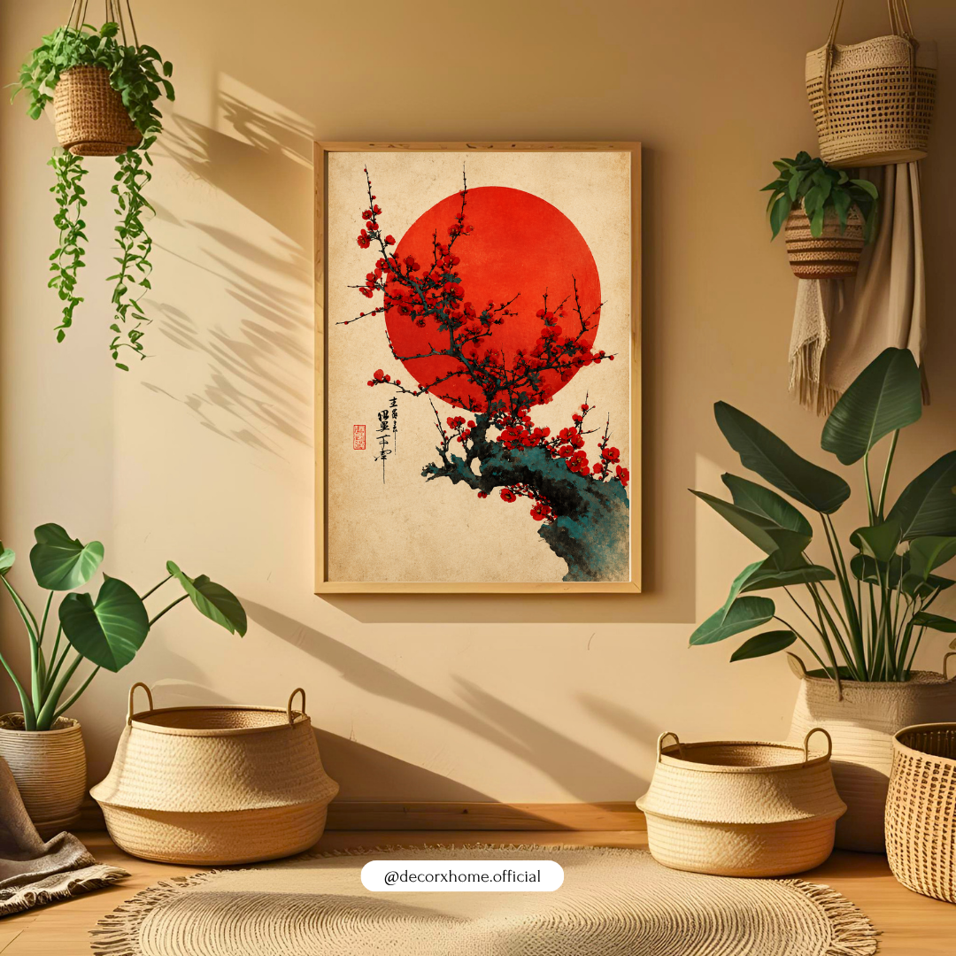 Japanese Cherry Blossom & Rising Sun Wall Art Poster | Traditional Sakura Zen Decor