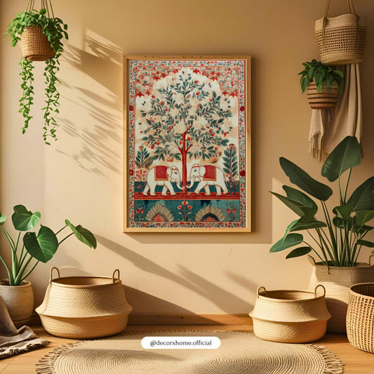 Indian Elephant Tree of Life Poster – Traditional Folk Art Wall Decor | Decorxhome