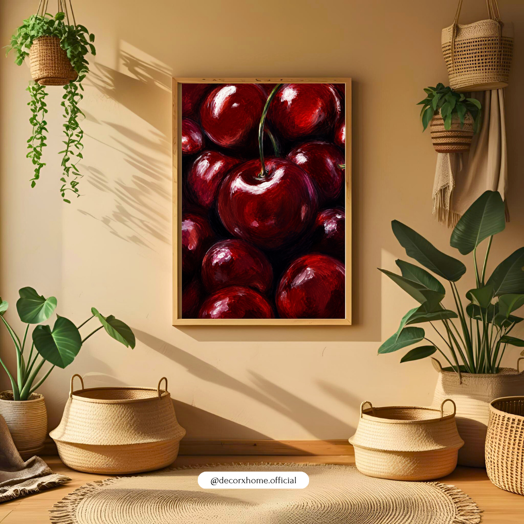 Cherry Bliss Wall Art Poster | Luxury Red Cherry Painting Print | Modern Kitchen & Café Décor | Decorexhome