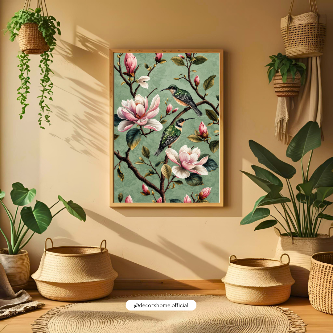 Magnolia Blossoms & Songbirds Wall Art Poster | Vintage Botanical Nature Decor