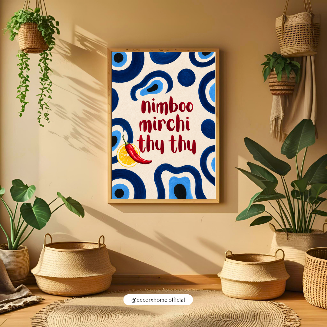 Nimboo Mirchi Thy Thy Wall Art | Indian Desi Quote Poster | Quirky Kitchen & Home Décor | Blue & Red Wall Art | Decorxhome