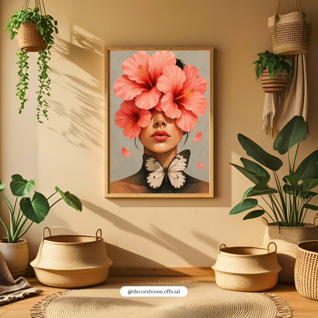 Floral Face Abstract Wall Art Poster – Modern Woman with Hibiscus Flowers & Butterfly | Aesthetic Minimal Art for Bedroom, Living Room & Studio Decor | Decorxhome