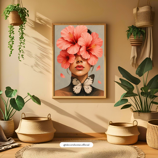 Floral Face Abstract Wall Art Poster – Modern Woman with Hibiscus Flowers & Butterfly | Aesthetic Minimal Art for Bedroom, Living Room & Studio Decor | Decorxhome