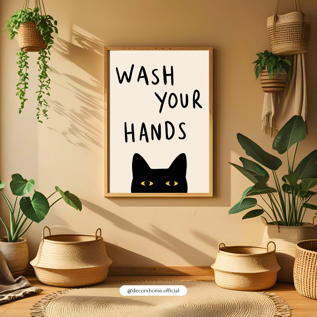 “Wash Your Hands” Cat Wall Art Poster – Funny Minimal Bathroom Decor | Cute Black Cat Print (Framed)