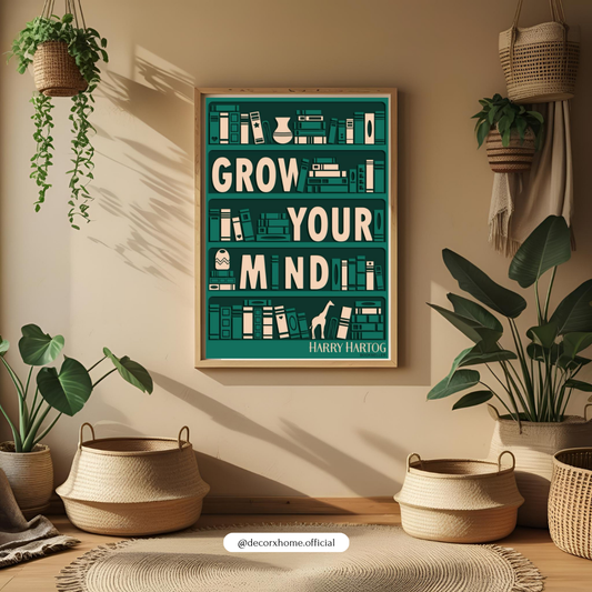 Grow Your Mind – Minimalist Bookshelf Inspirational Wall Poster
