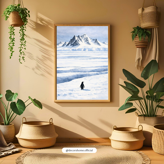 Arctic Penguin Landscape Poster – Minimal Snow Mountain Nature Wall Art | Decorxhome