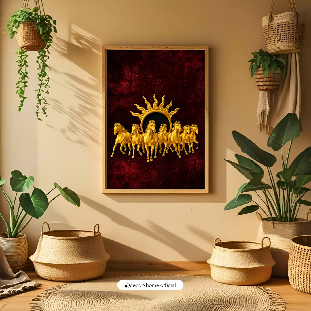 Seven Horses & Rising Sun Poster | Vastu Prosperity Wall Art by DecorxHome
