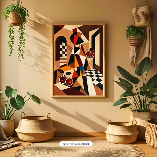 Geometric Cubist Still Life Wall Art Poster | Abstract Cherries & Checkerboard Design – Decorxhome