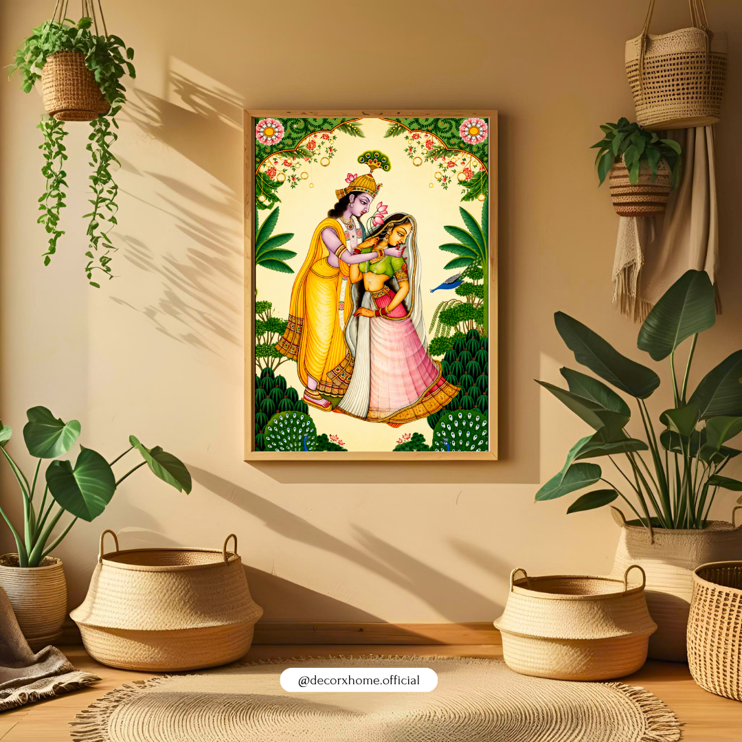 Radha Krishna Divine Garden Poster | Traditional Indian Spiritual Wall Art by DecorxHome