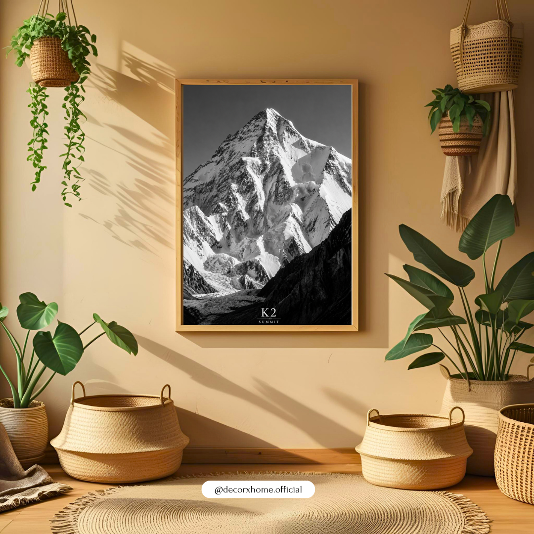 K2 Summit Mountain Poster | Black & White Himalayan Wall Art | DecorexHome