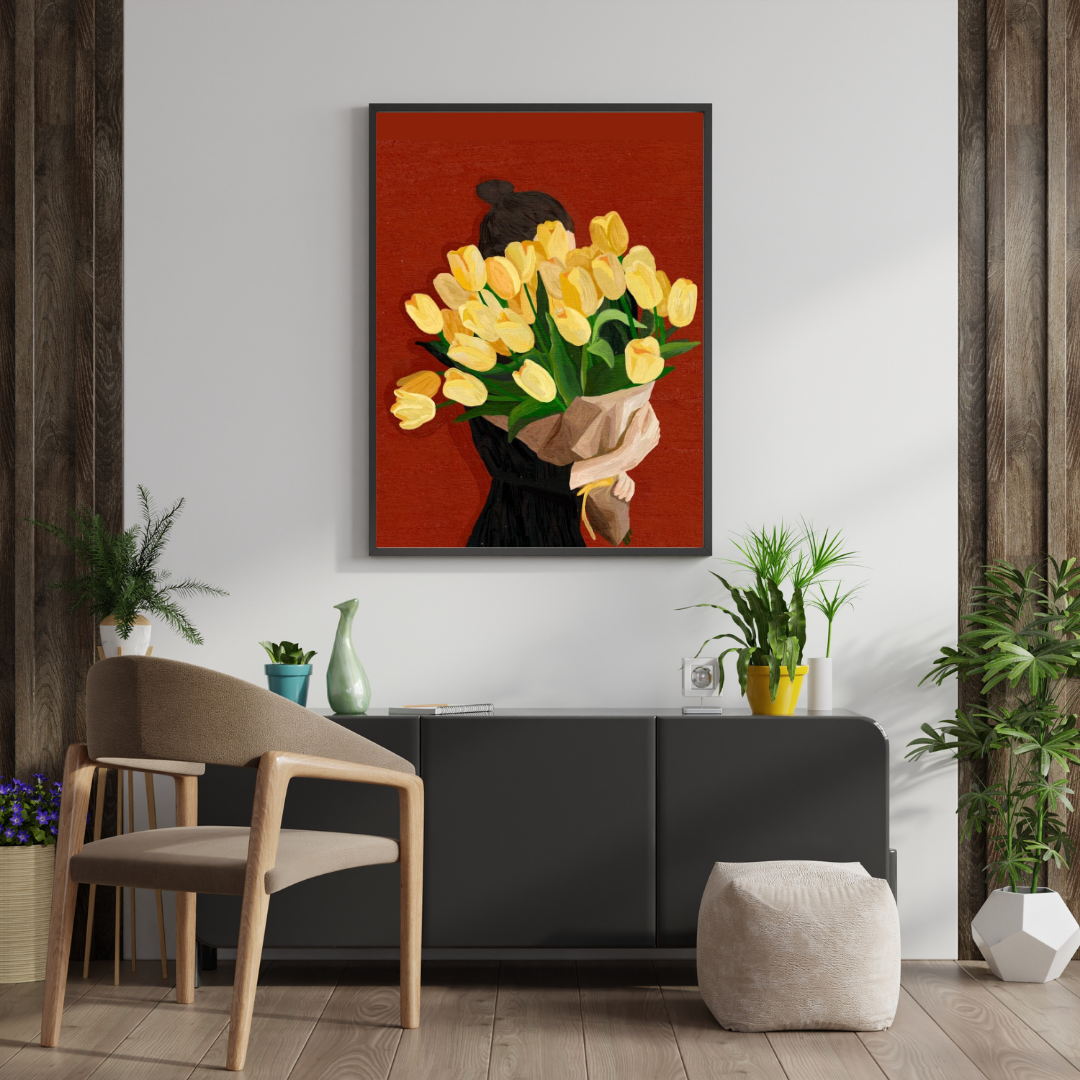 Golden Tulips Reverie Wall Poster | Minimalist Floral Art Print by Decorxhome