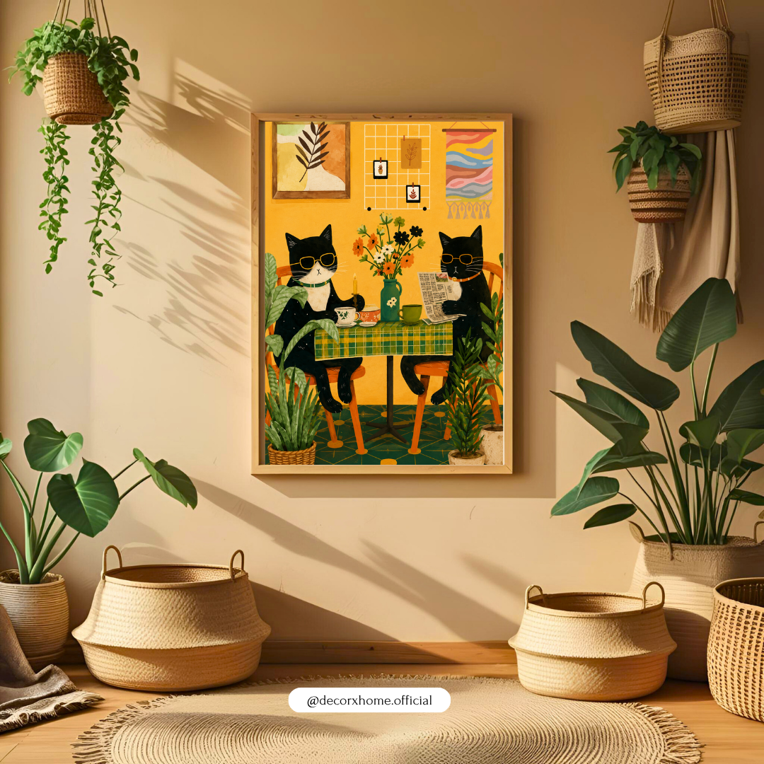 Cozy Café Cats Wall Art Poster | Cute Cat Kitchen & Coffee Artwork | Whimsical Boho Animal Print | Decorexhome