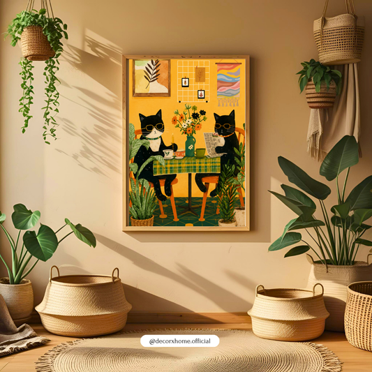 Cozy Café Cats Wall Art Poster | Cute Cat Kitchen & Coffee Artwork | Whimsical Boho Animal Print | Decorexhome