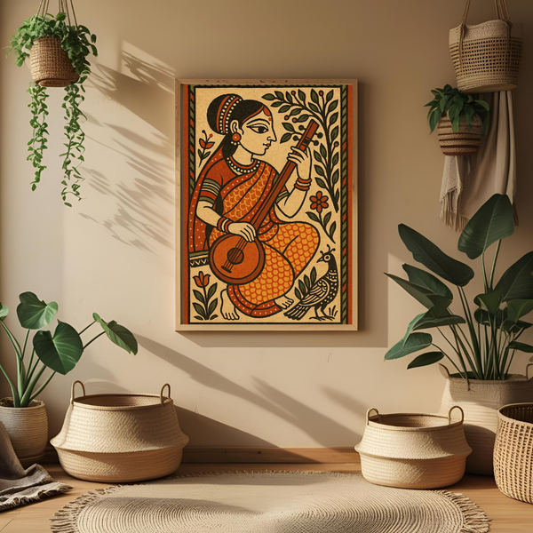 Traditional Indian Woman with Veena – Cultural Folk Art Poster 🎶✨