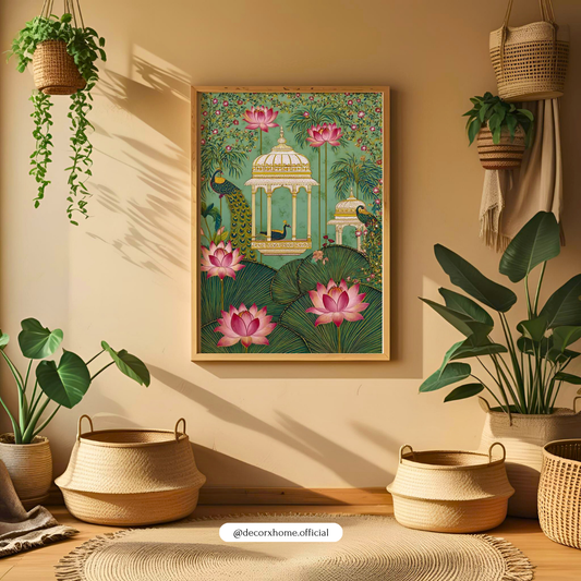 Royal Peacock & Lotus Garden Poster – Indian Palace Art Wall Decor | Decorxhome