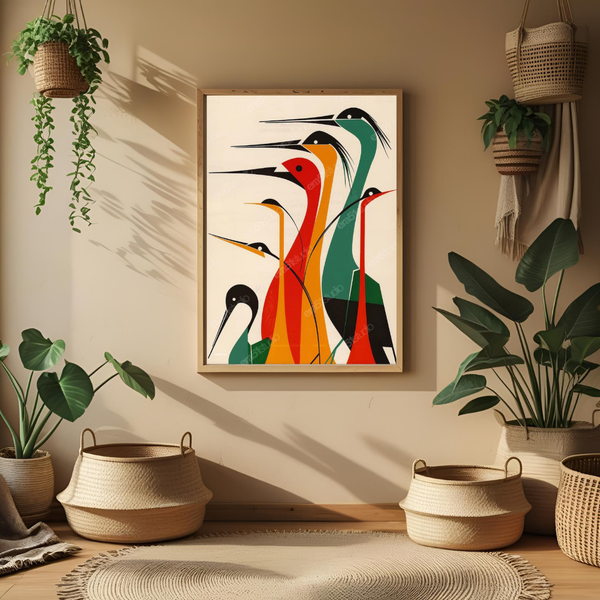 Colorful Crane Symphony – Modern Abstract Bird Wall Art (Framed Print)