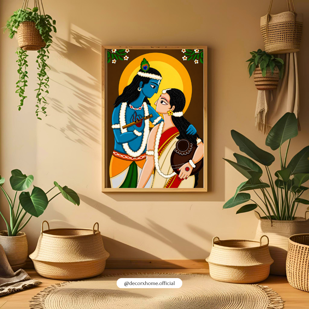 Radha Krishna Divine Love Wall Art Poster – Traditional Indian Folk Style Spiritual Painting | Decorxhome