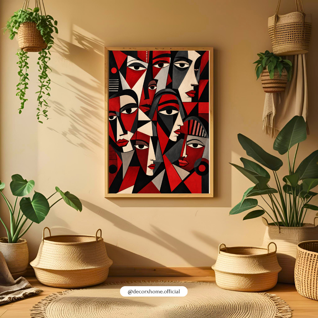 Abstract Cubist Faces Wall Art Poster | Red & Black Geometric Modern Art – Decorxhome