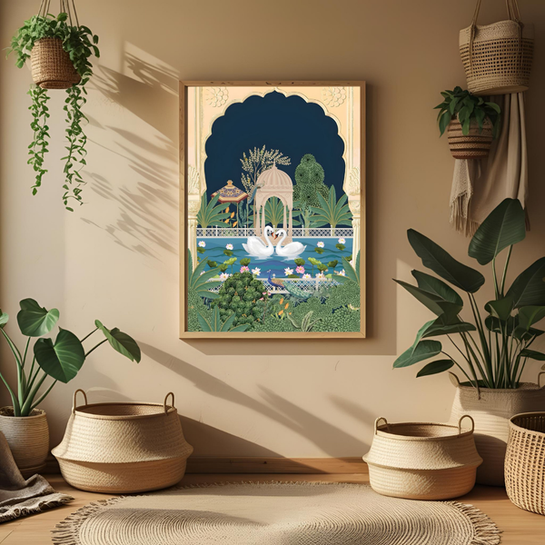 Royal Swans in Palace Garden – Traditional Indian Art Poster 🦢🌸