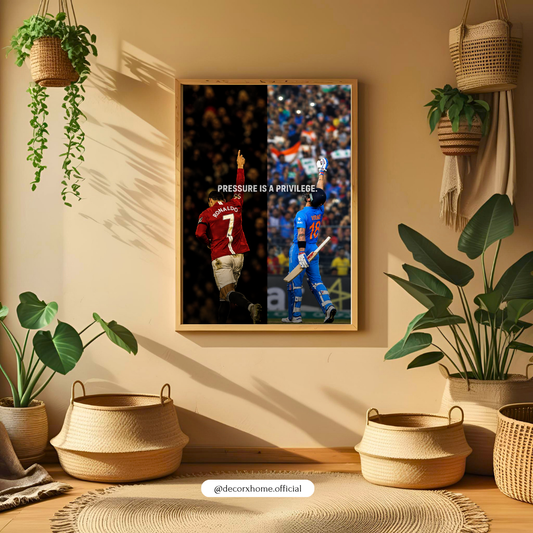 Cristiano Ronaldo & Virat Kohli “Pressure Is a Privilege” Wall Art Poster – Football & Cricket Legends | Sports Decor